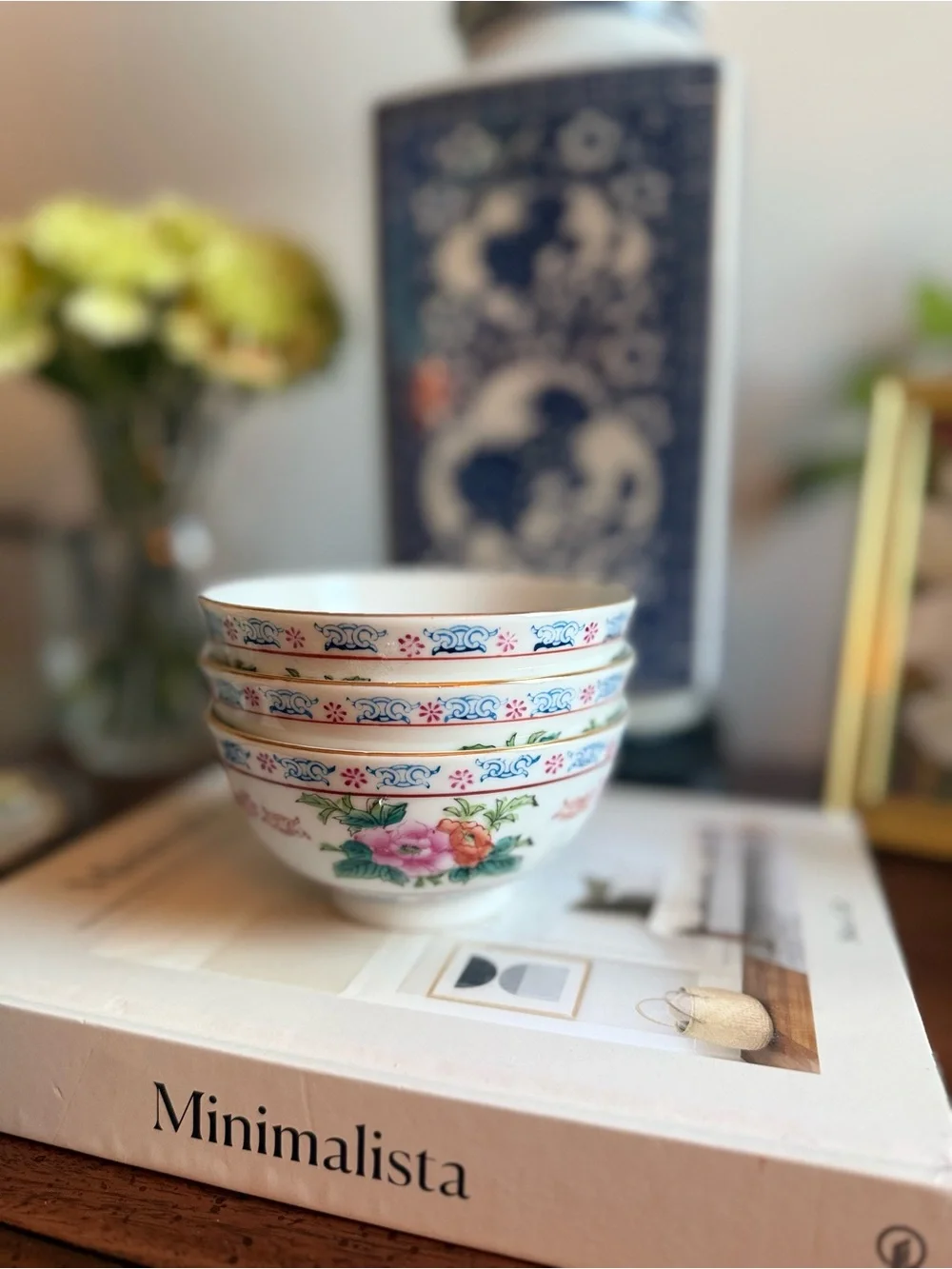 Classic Floral Porcelain Bowls - White with Pink & Green Accents